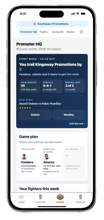 Promoter League home screen — your stable's fight week