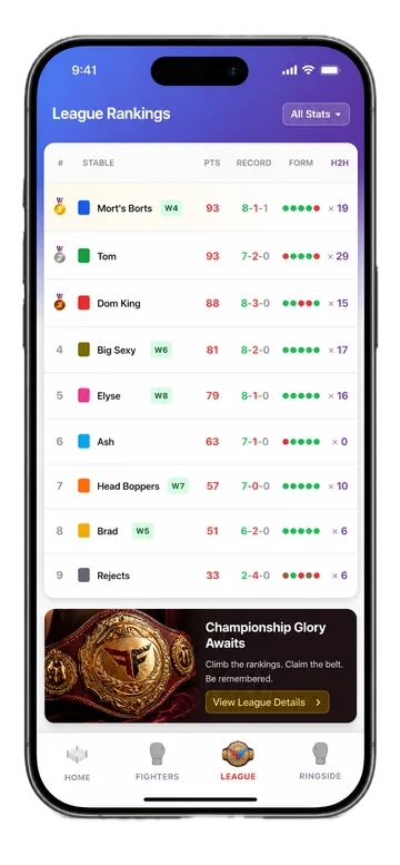League rankings screen